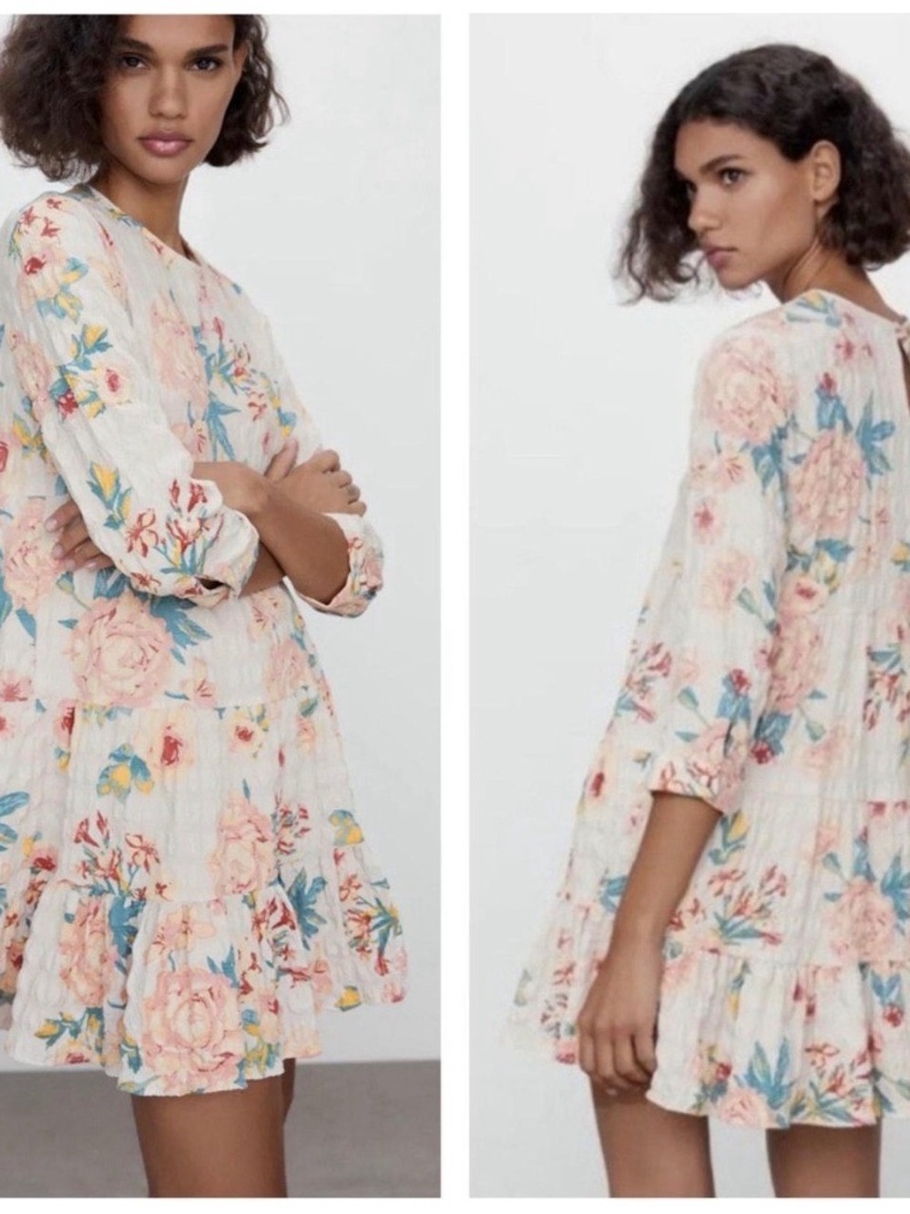 Zara Floral Tiered Mini Dress in Cream and Pink XXL